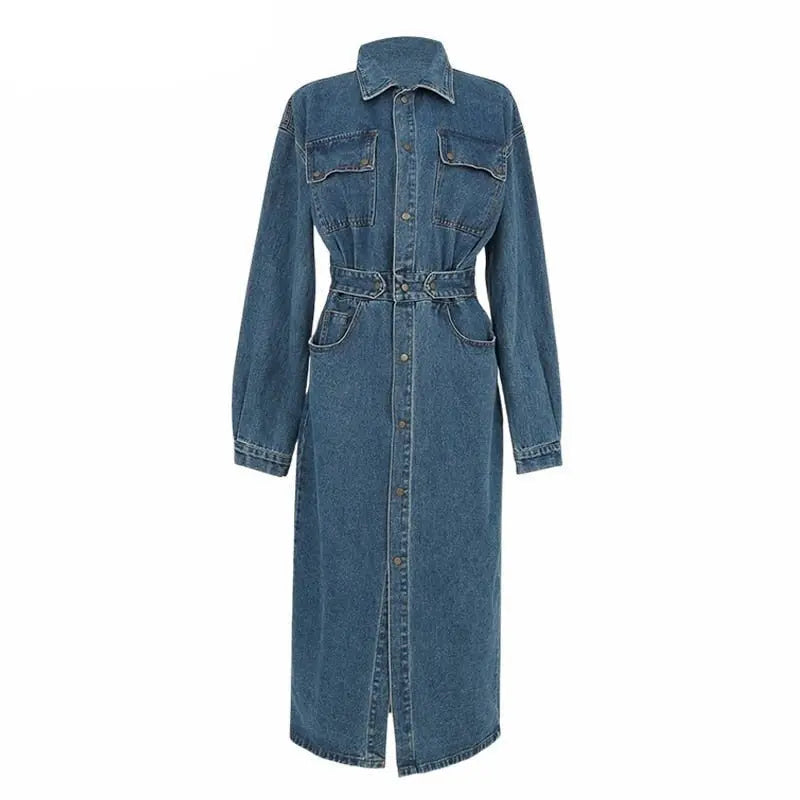 Denim Dress Full Sleeve Single-breasted Pockets Slim Waist Mid-length - Blade & Thread