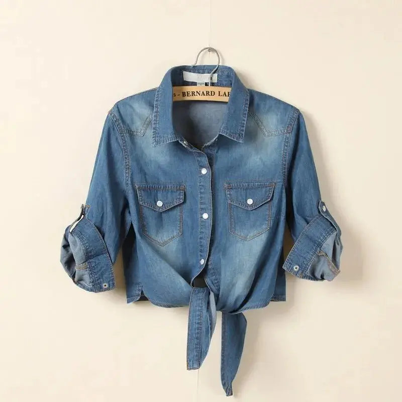 Denim Shirt Short Sleeve Womens Tops Chemise Femme Crop Tops - Blade & Thread