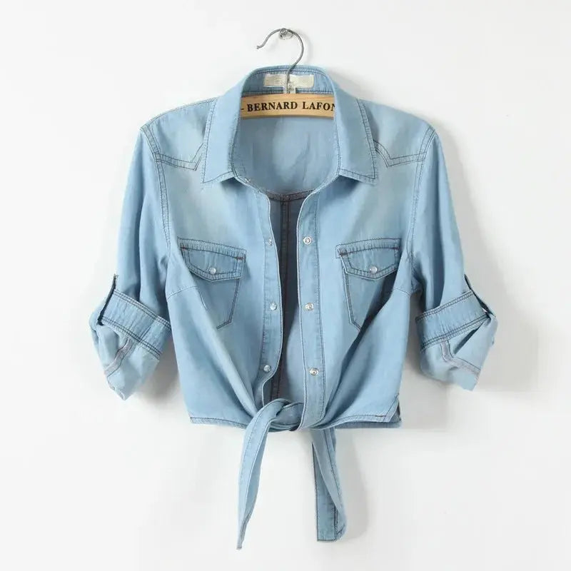 Denim Shirt Short Sleeve Womens Tops Chemise Femme Crop Tops - Blade & Thread