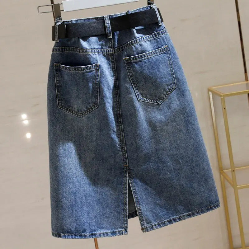 Denim Skirts with Belt Casual Loose High Waist Mid Length Skirts - Blade & Thread