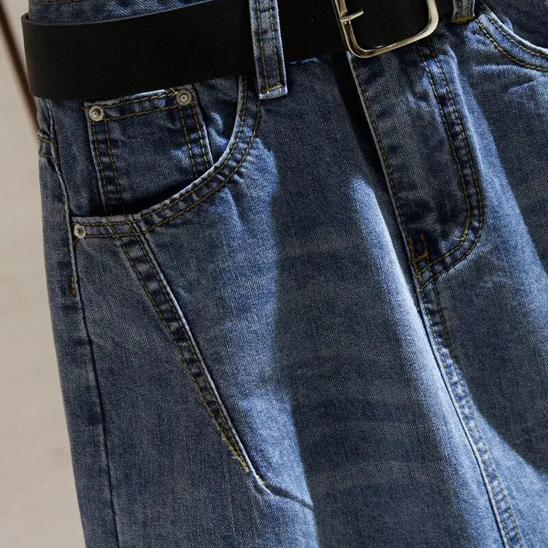 Denim Skirts with Belt Casual Loose High Waist Mid Length Skirts - Blade & Thread