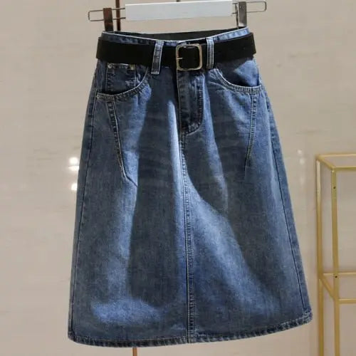 Denim Skirts with Belt Casual Loose High Waist Mid Length Skirts - Blade & Thread
