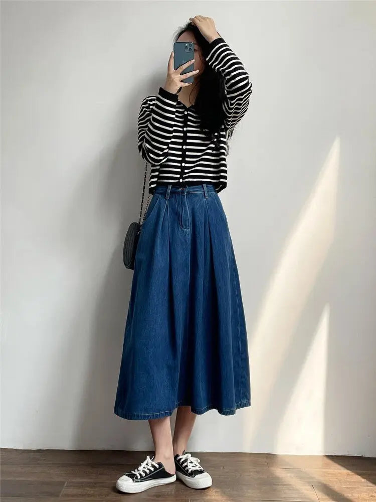 Denim Skirts Women Casual High Waist Lady Loose Vintage Dark Blue Skirts - Blade & Thread