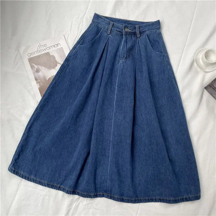 Denim Skirts Women Casual High Waist Lady Loose Vintage Dark Blue Skirts - Blade & Thread