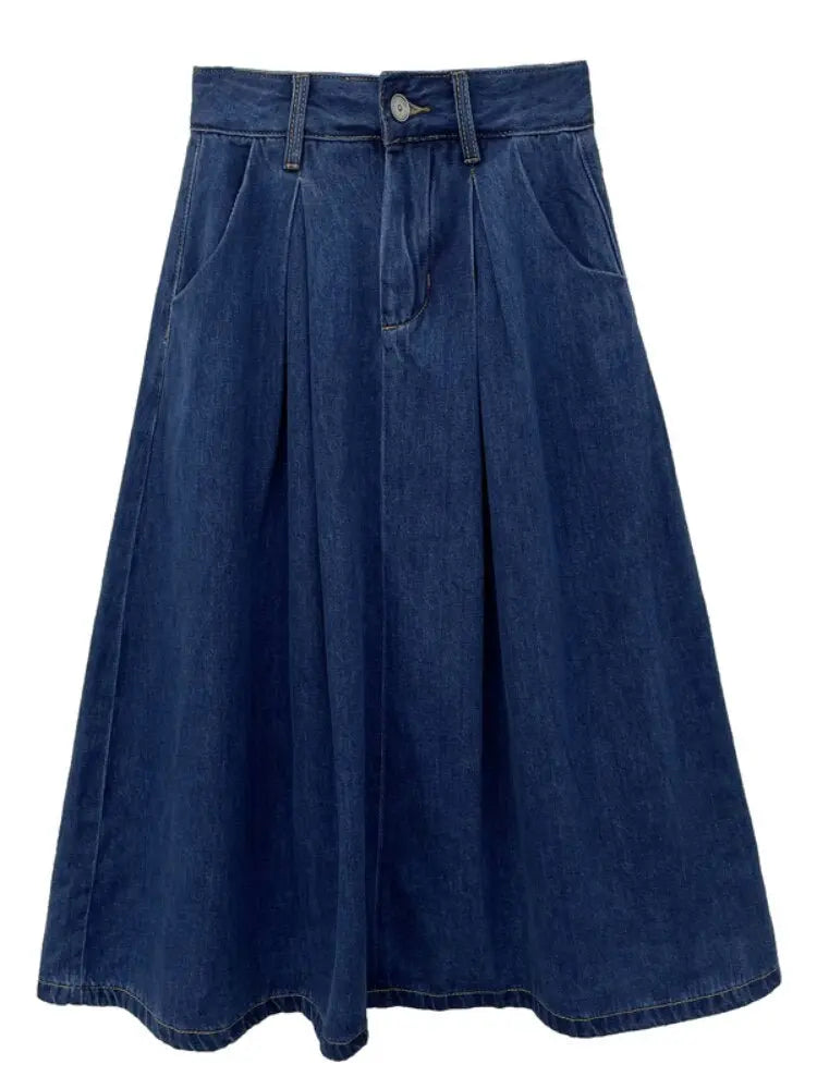 Denim Skirts Women Casual High Waist Lady Loose Vintage Dark Blue Skirts - Blade & Thread