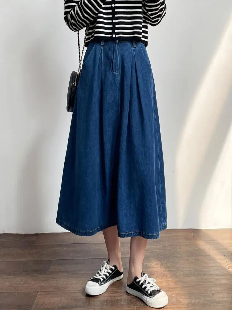 Denim Skirts Women Casual High Waist Lady Loose Vintage Dark Blue Skirts - Blade & Thread