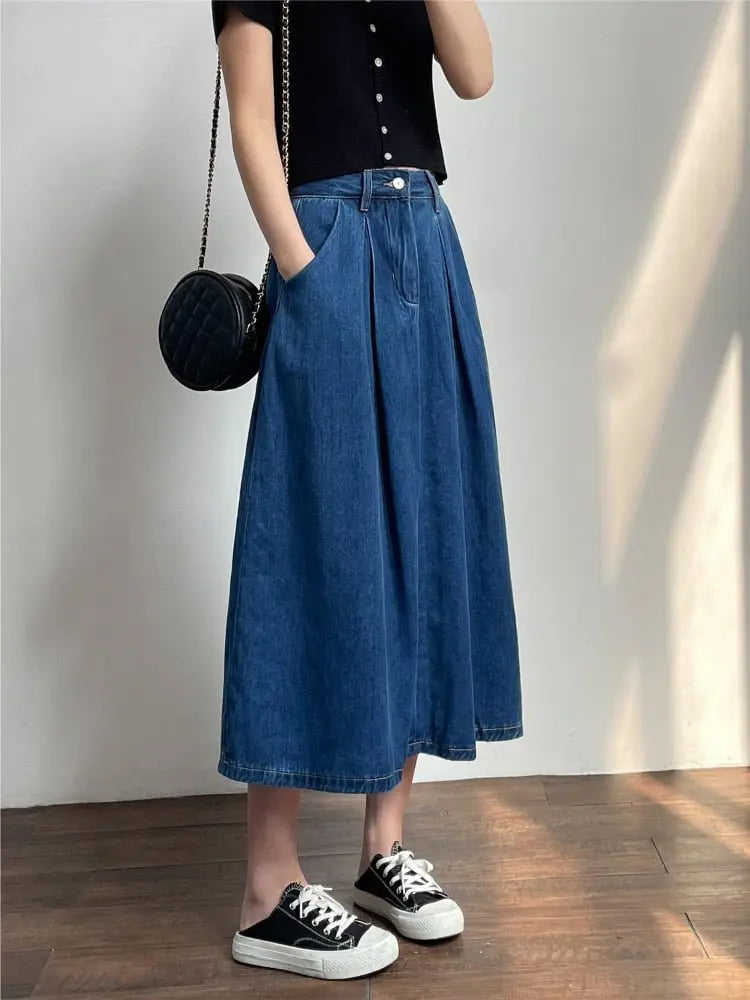 Denim Skirts Women Casual High Waist Lady Loose Vintage Dark Blue Skirts - Blade & Thread