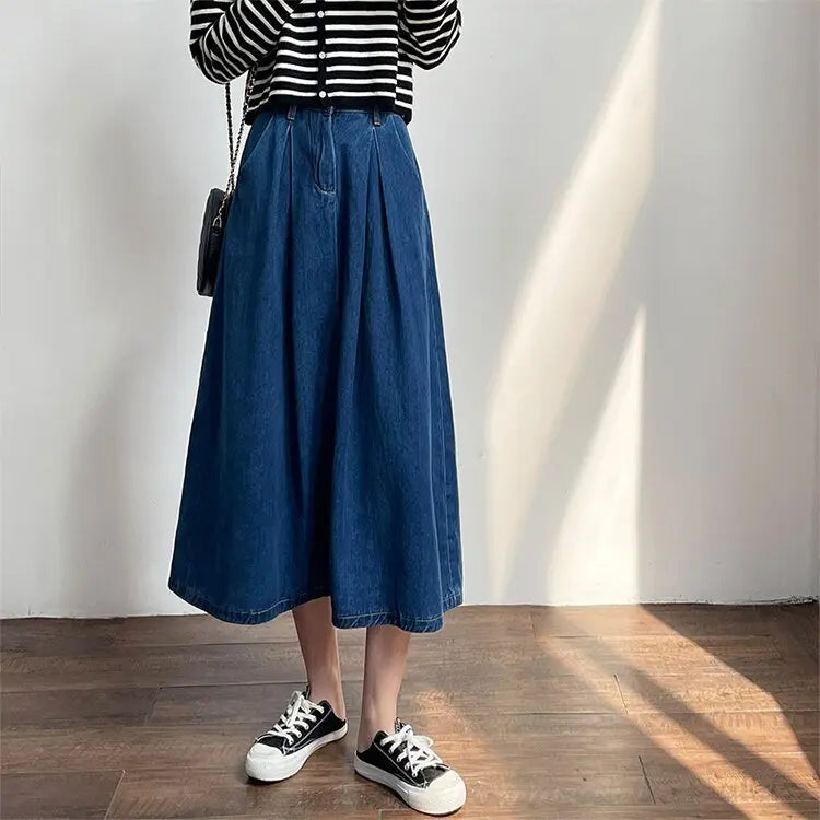 Denim Skirts Women Casual High Waist Lady Loose Vintage Dark Blue Skirts - Blade & Thread