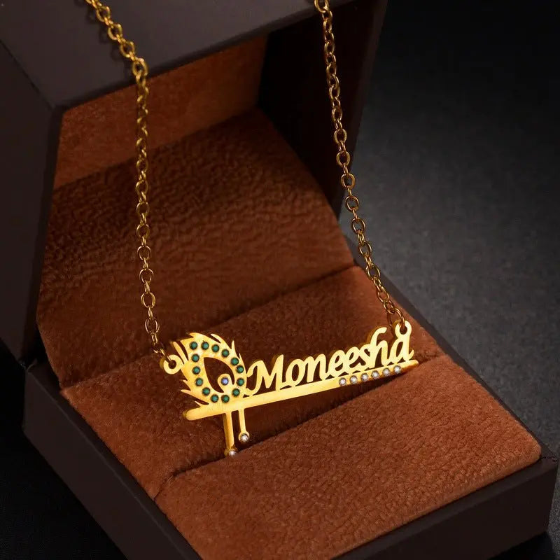 Diamond hollow peacock feather custom name necklace - Blade & Thread