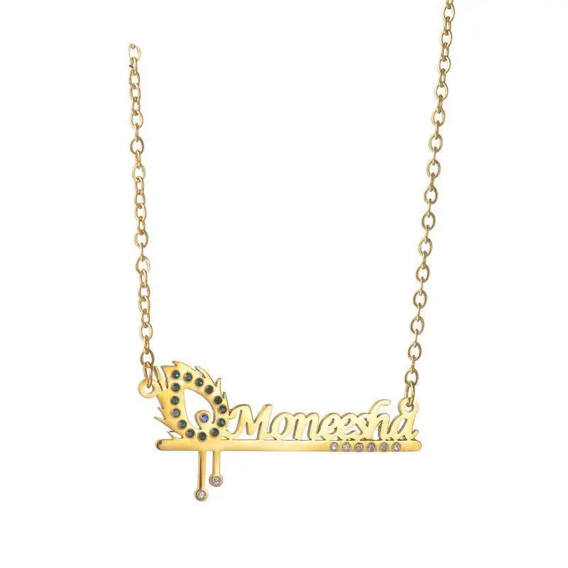 Diamond hollow peacock feather custom name necklace - Blade & Thread