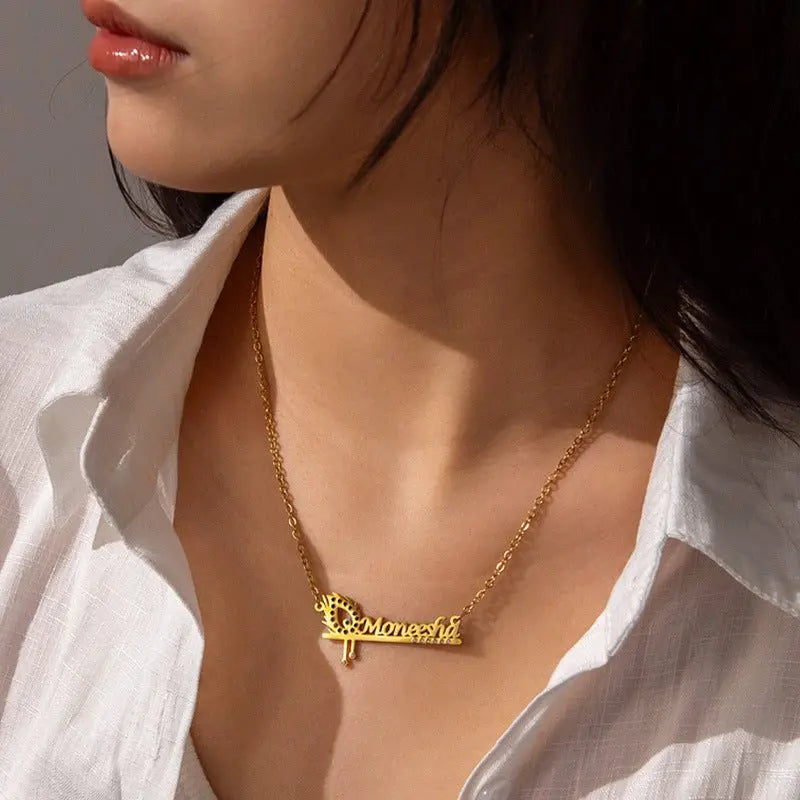 Diamond hollow peacock feather custom name necklace - Blade & Thread