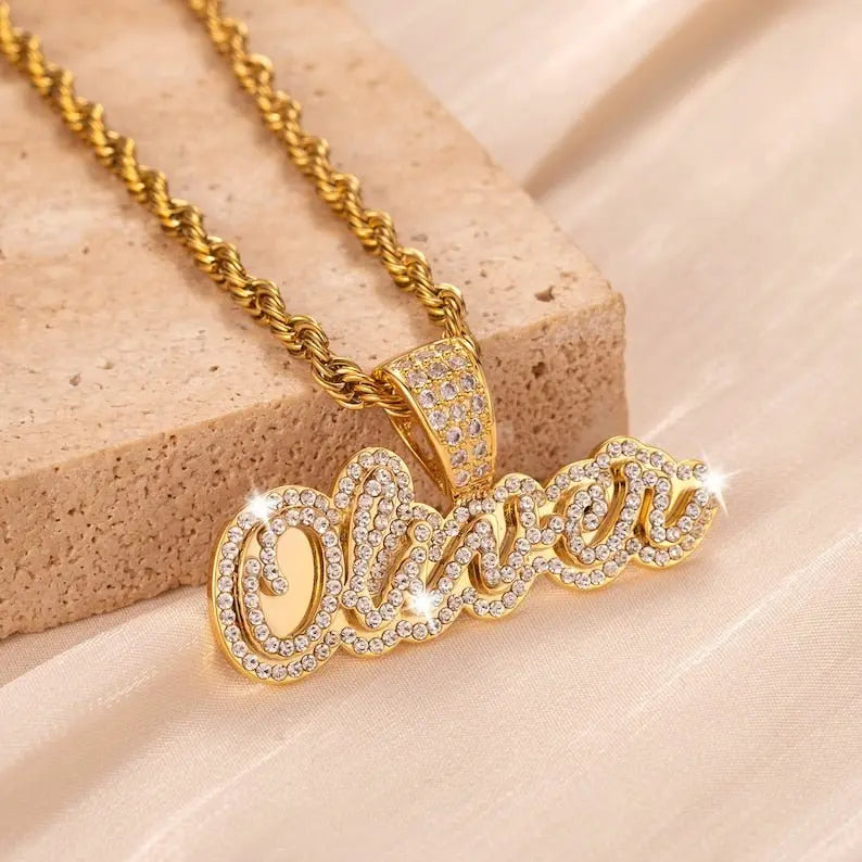 Diamond Name Nameplate Necklace Bling Crystal Personalized Necklace - Blade & Thread