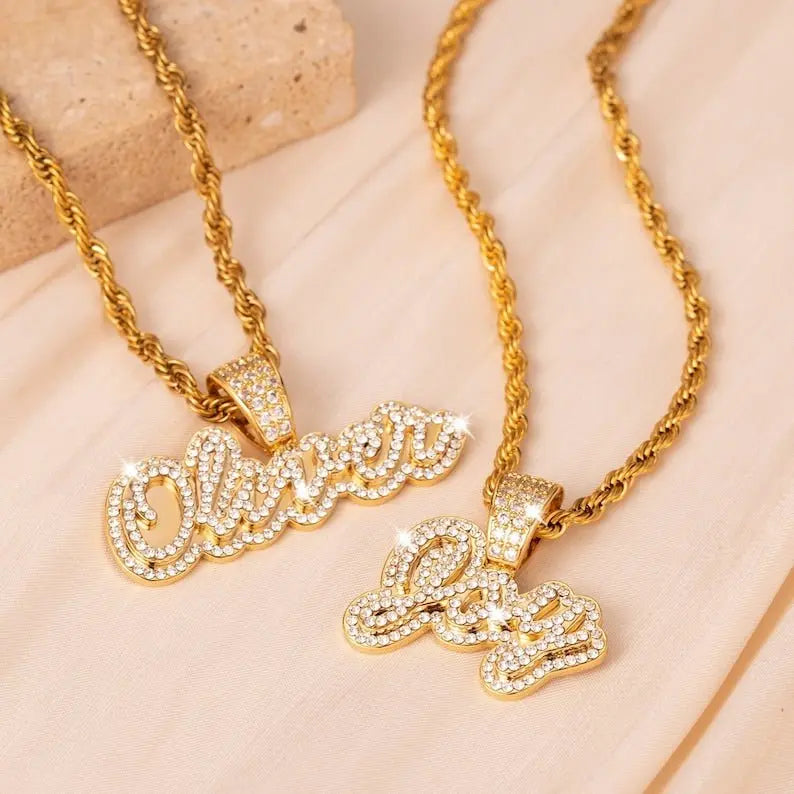 Diamond Name Nameplate Necklace Bling Crystal Personalized Necklace - Blade & Thread