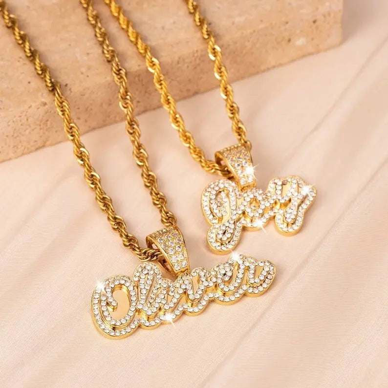Diamond Name Nameplate Necklace Bling Crystal Personalized Necklace - Blade & Thread