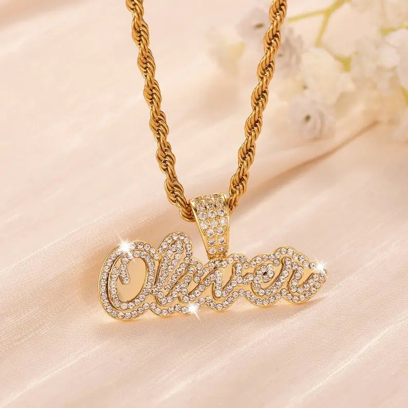 Diamond Name Nameplate Necklace Bling Crystal Personalized Necklace - Blade & Thread