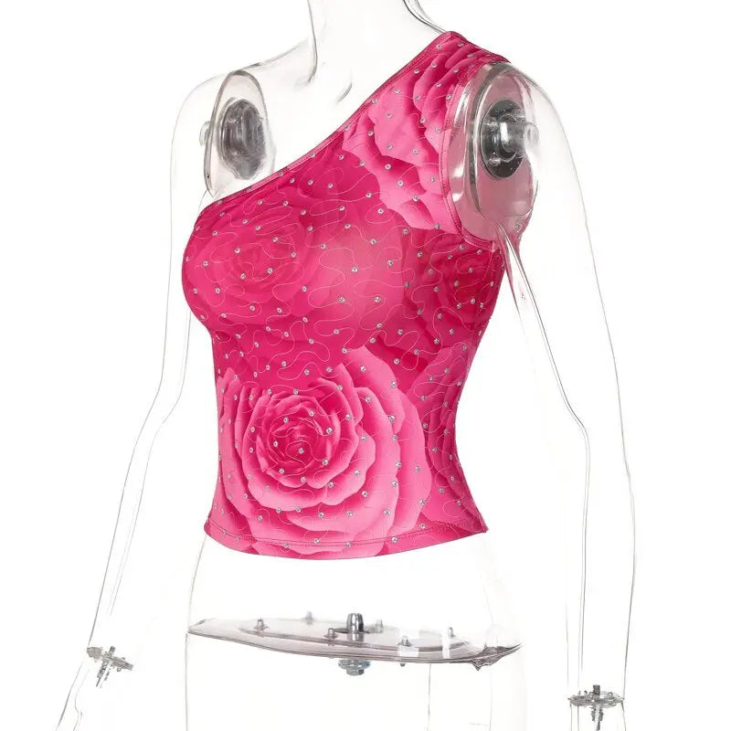 Diamond Print One Shoulder Sleeveless Crop Top Sexy Skinny Streetwear - Blade & Thread