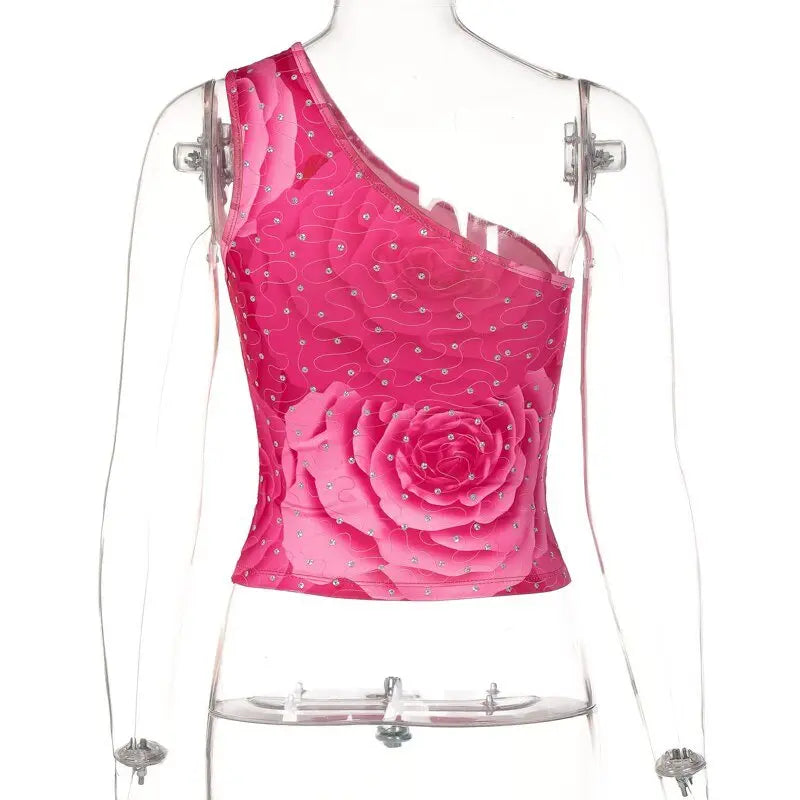 Diamond Print One Shoulder Sleeveless Crop Top Sexy Skinny Streetwear - Blade & Thread