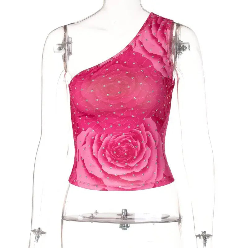 Diamond Print One Shoulder Sleeveless Crop Top Sexy Skinny Streetwear - Blade & Thread