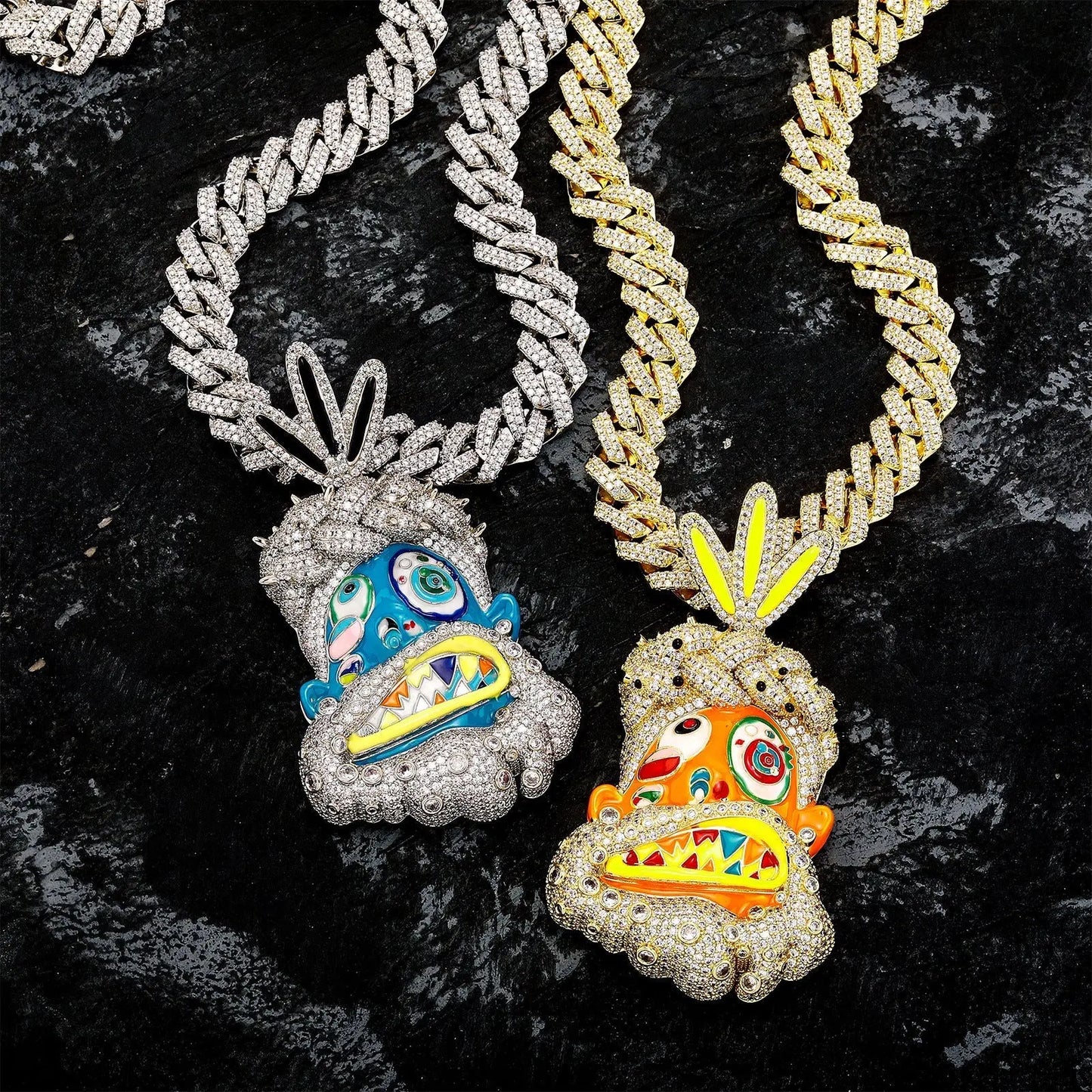 Diamond-studded colorful dripping oil cartoon head hip-hop pendant necklace wholesale - Blade & Thread
