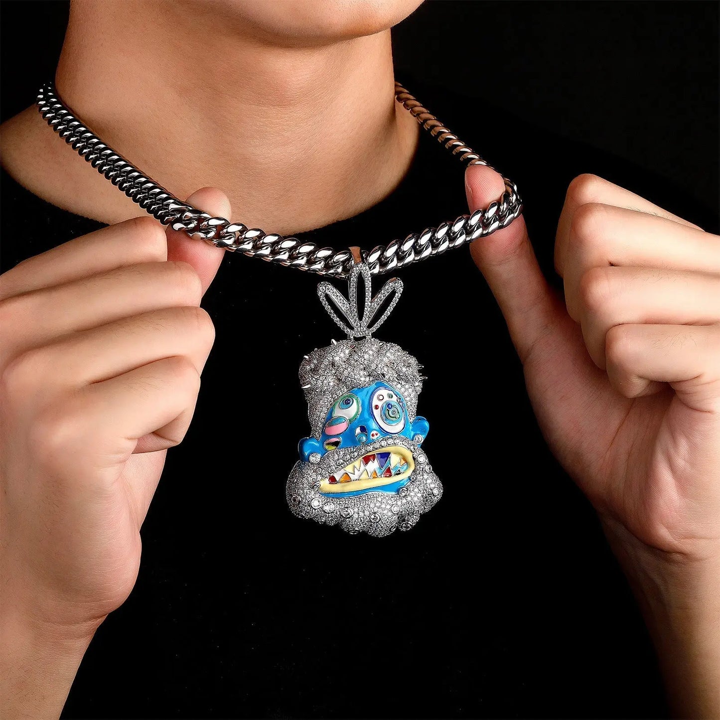 Diamond-studded colorful dripping oil cartoon head hip-hop pendant necklace wholesale - Blade & Thread