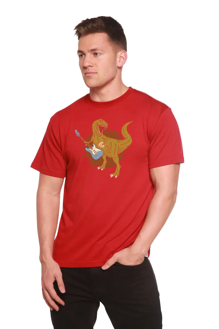 Dinosaur with a guitar Men's Bamboo Viscose/Organic Cotton Short Sleeve Graphic T-Shirt Spun Bamboo