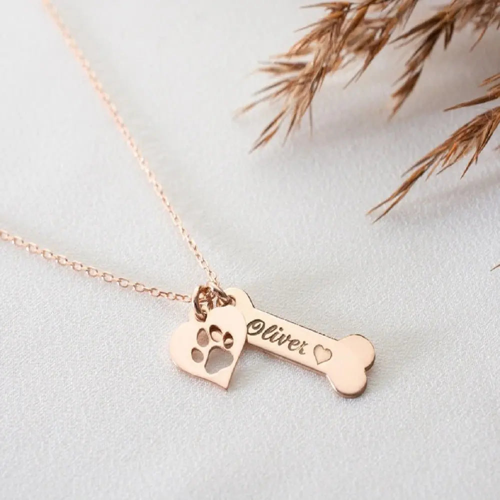 dog name necklace Personalized Bone Paw pendant - Blade & Thread