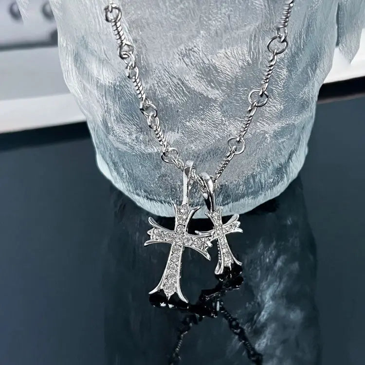 Double Cross Diamond Necklace Hip Hop Pendant - Blade & Thread