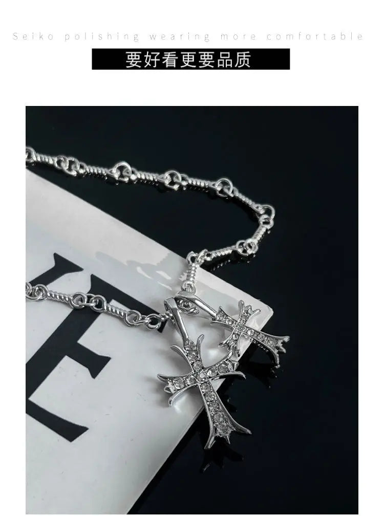 Double Cross Diamond Necklace Hip Hop Pendant - Blade & Thread