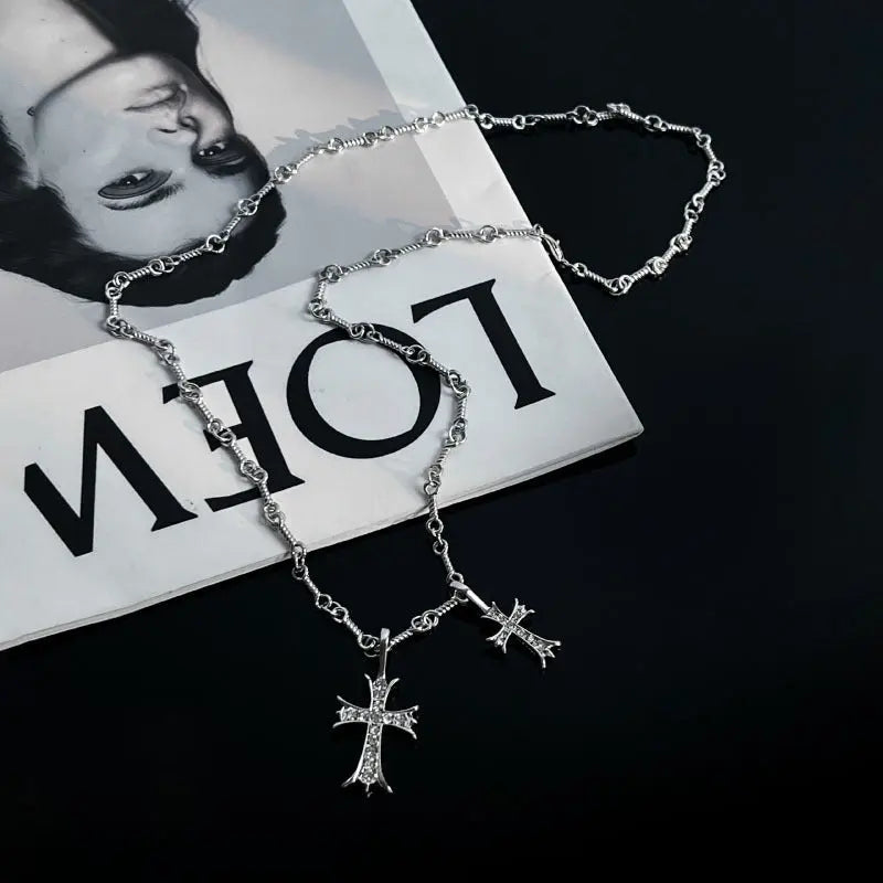 Double Cross Diamond Necklace Hip Hop Pendant - Blade & Thread