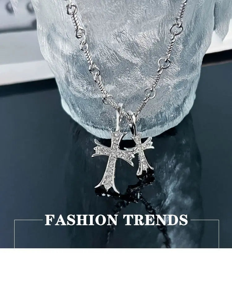 Double Cross Diamond Necklace Hip Hop Pendant - Blade & Thread
