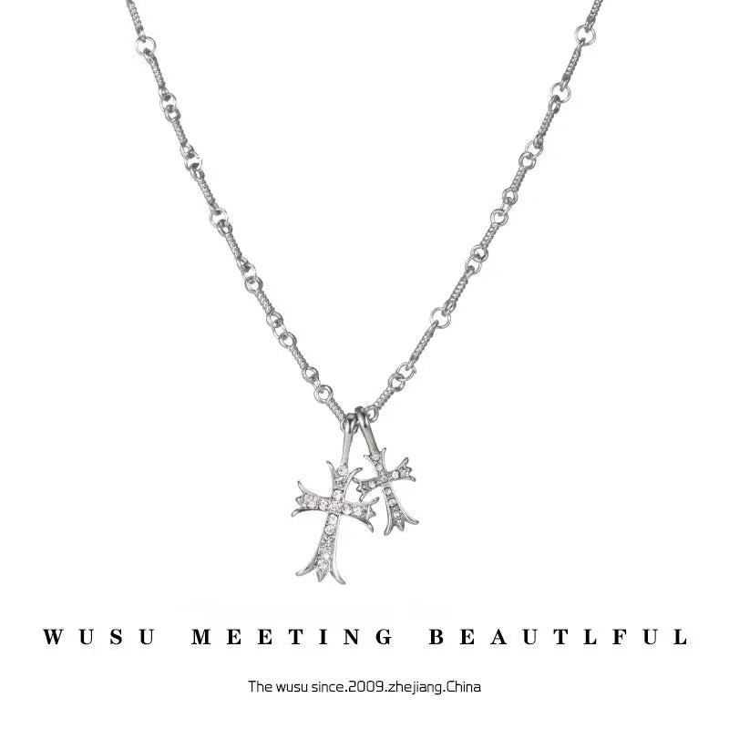Double Cross Diamond Necklace Hip Hop Pendant - Blade & Thread