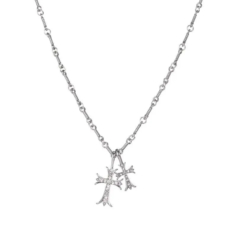 Double Cross Diamond Necklace Hip Hop Pendant - Blade & Thread