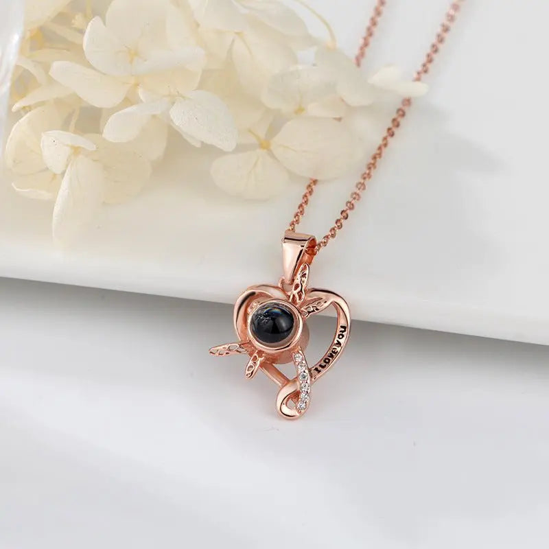 Dragonfly Love Heart Projection Necklace - Blade & Thread