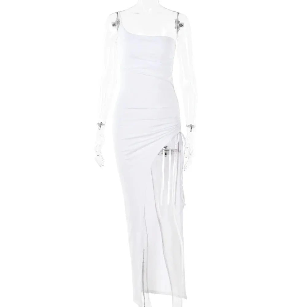 Drawstring High Slit Shoulder Slim Elastic Maxi Bodycon Dress - Blade & Thread