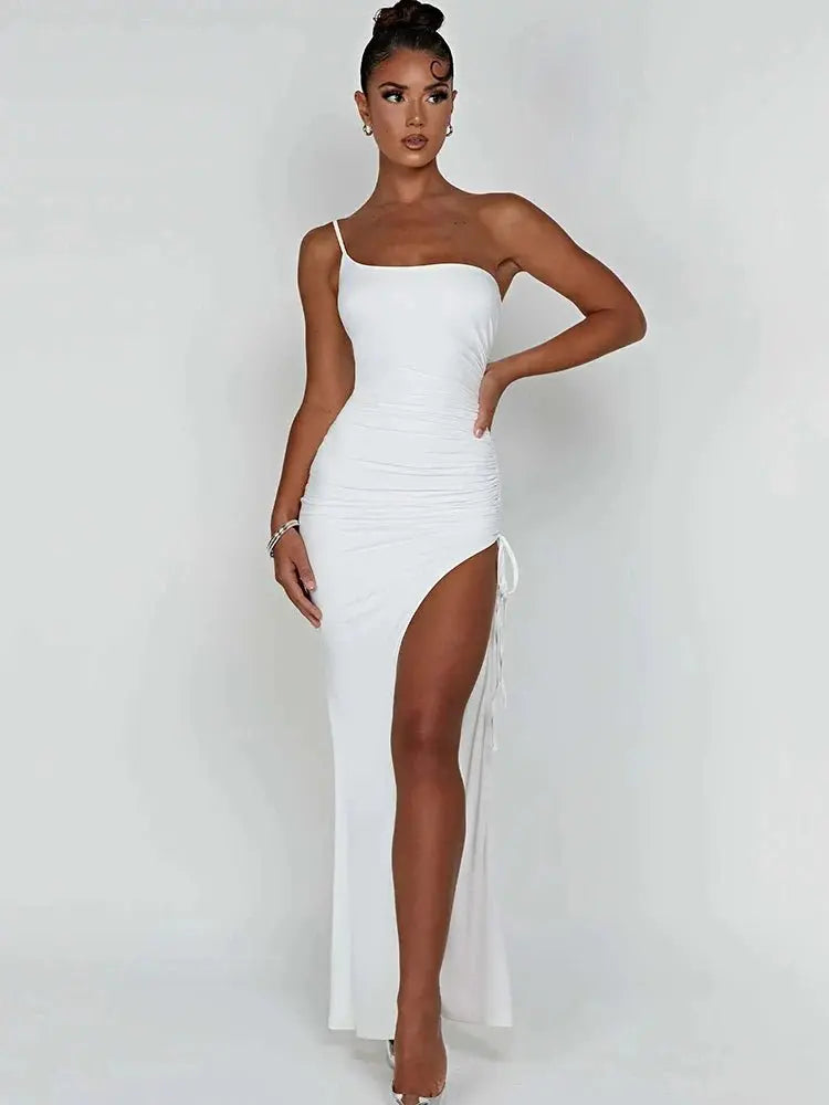 Drawstring High Slit Shoulder Slim Elastic Maxi Bodycon Dress - Blade & Thread
