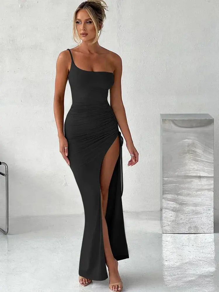 Drawstring High Slit Shoulder Slim Elastic Maxi Bodycon Dress - Blade & Thread