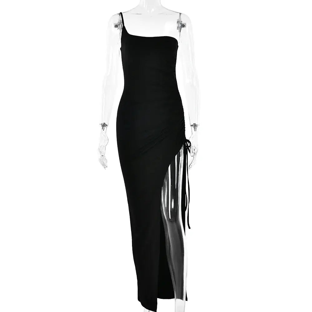 Drawstring High Slit Shoulder Slim Elastic Maxi Bodycon Dress - Blade & Thread