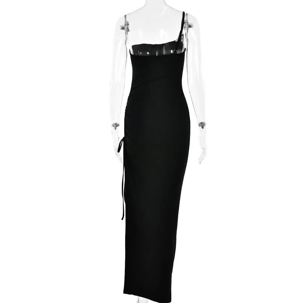 Drawstring High Slit Shoulder Slim Elastic Maxi Bodycon Dress - Blade & Thread