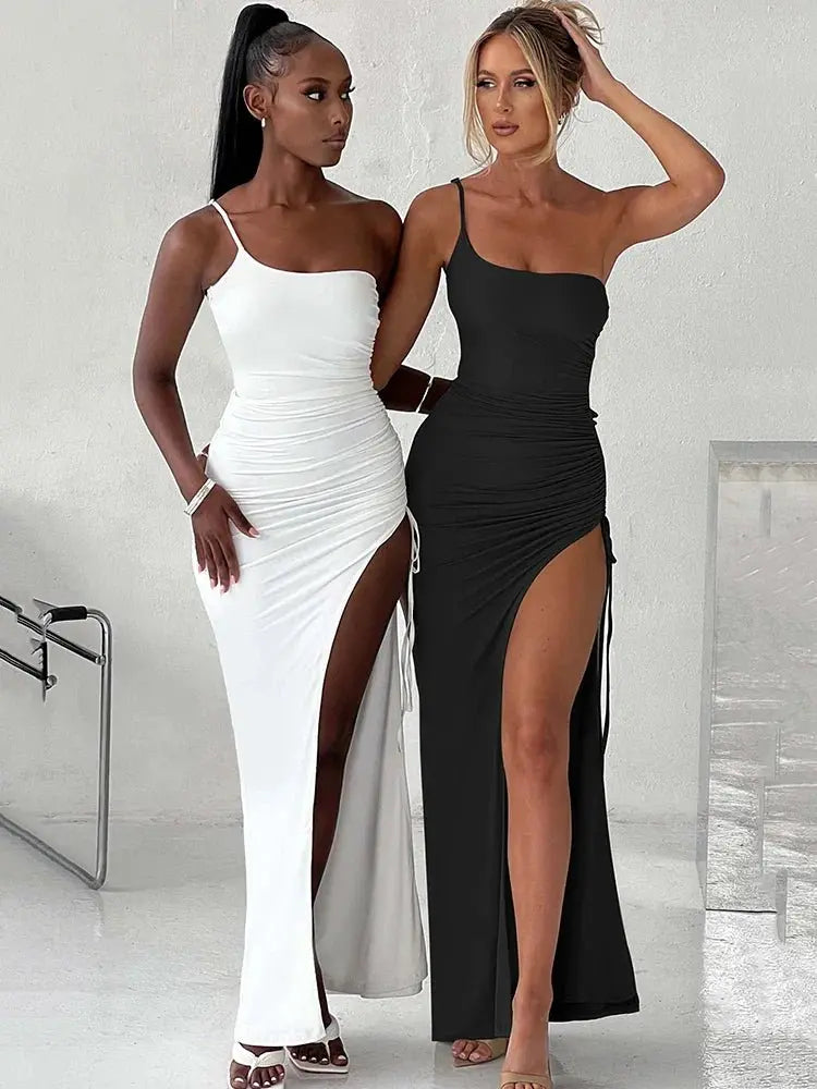 Drawstring High Slit Shoulder Slim Elastic Maxi Bodycon Dress - Blade & Thread