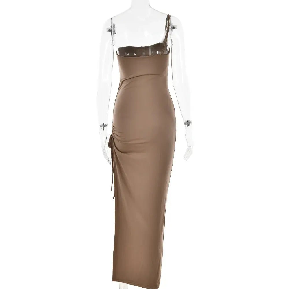Drawstring High Slit Shoulder Slim Elastic Maxi Bodycon Dress - Blade & Thread