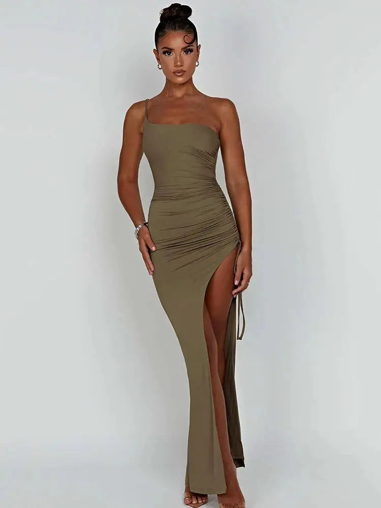 Drawstring High Slit Shoulder Slim Elastic Maxi Bodycon Dress - Blade & Thread