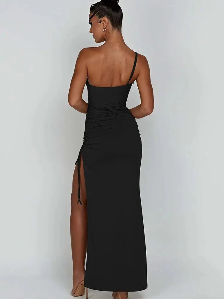 Drawstring High Slit Shoulder Slim Elastic Maxi Bodycon Dress - Blade & Thread