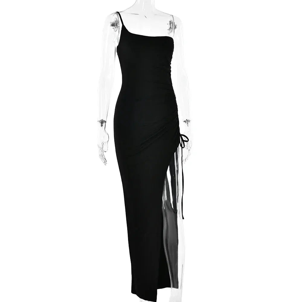 Drawstring High Slit Shoulder Slim Elastic Maxi Bodycon Dress - Blade & Thread