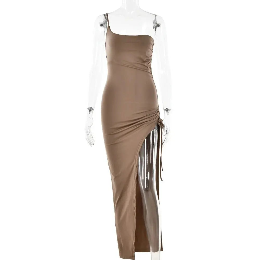 Drawstring High Slit Shoulder Slim Elastic Maxi Bodycon Dress - Blade & Thread