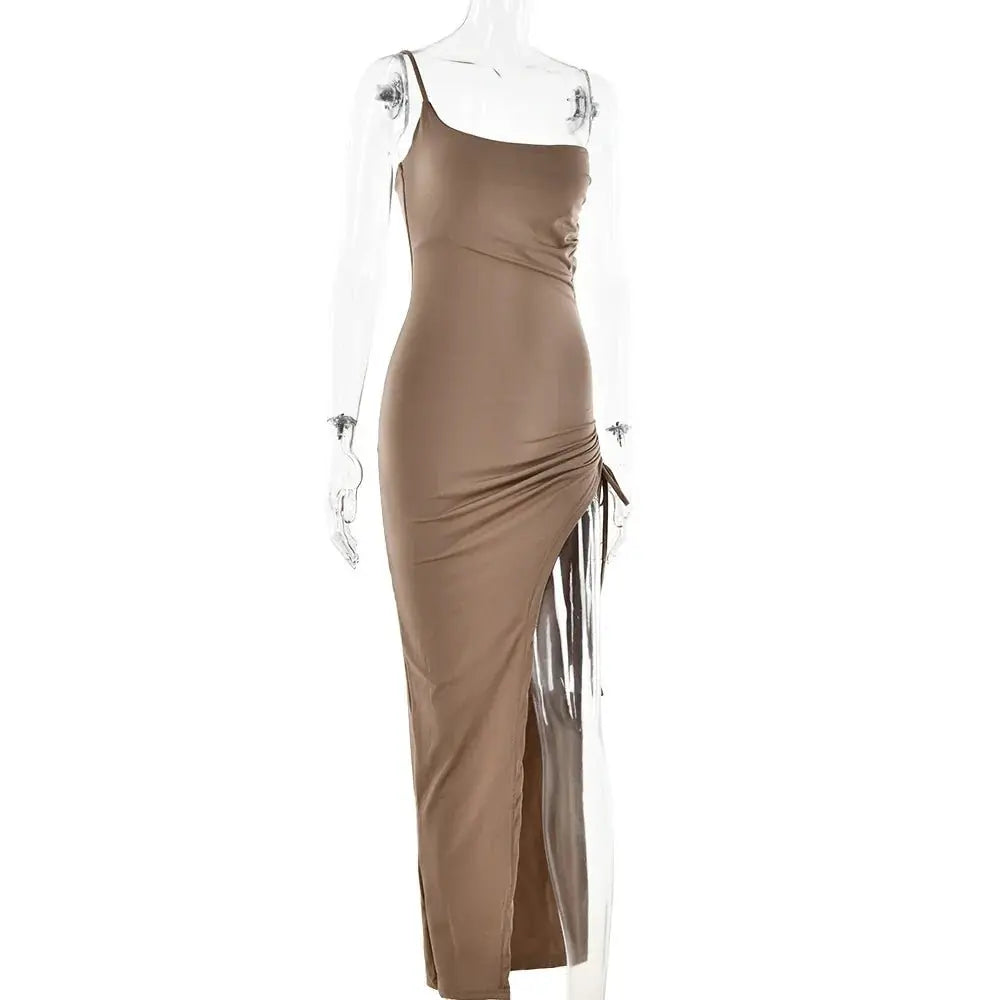 Drawstring High Slit Shoulder Slim Elastic Maxi Bodycon Dress - Blade & Thread