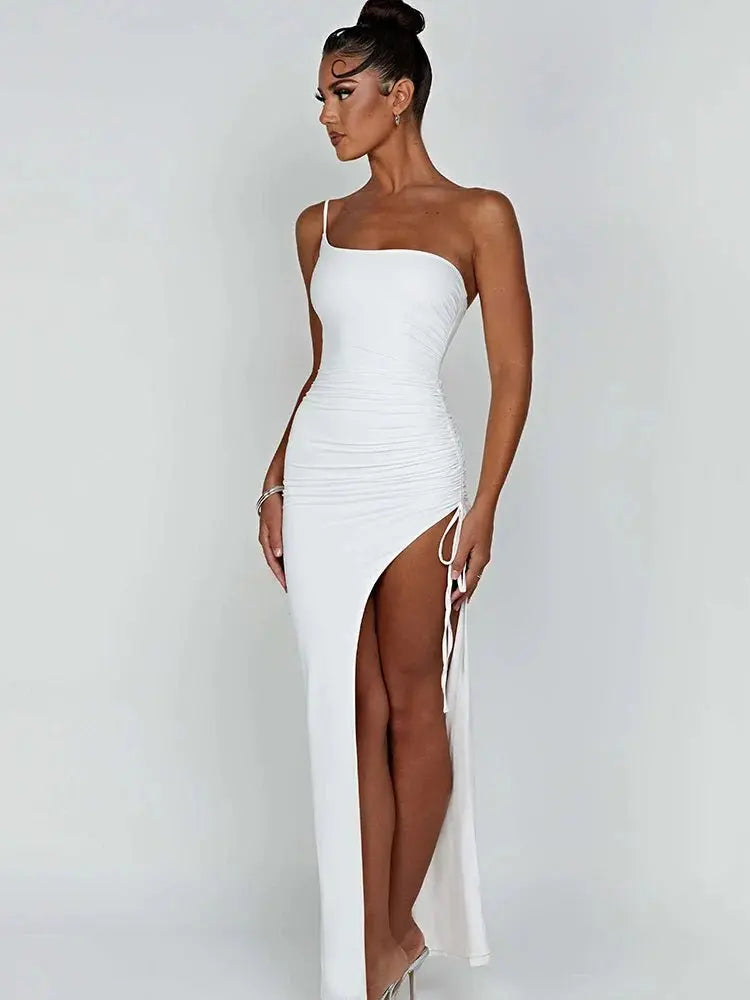 Drawstring High Slit Shoulder Slim Elastic Maxi Bodycon Dress - Blade & Thread