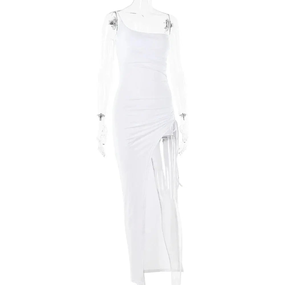 Drawstring High Slit Shoulder Slim Elastic Maxi Bodycon Dress - Blade & Thread