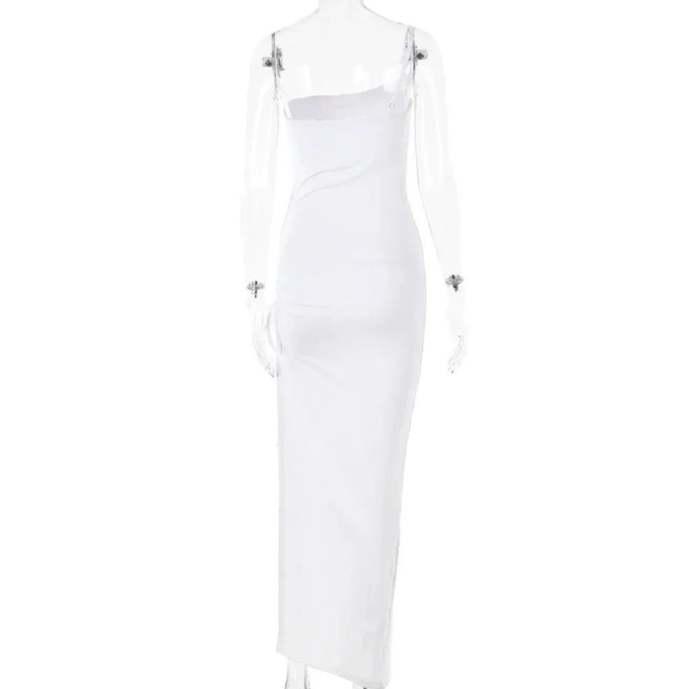 Drawstring High Slit Shoulder Slim Elastic Maxi Bodycon Dress - Blade & Thread