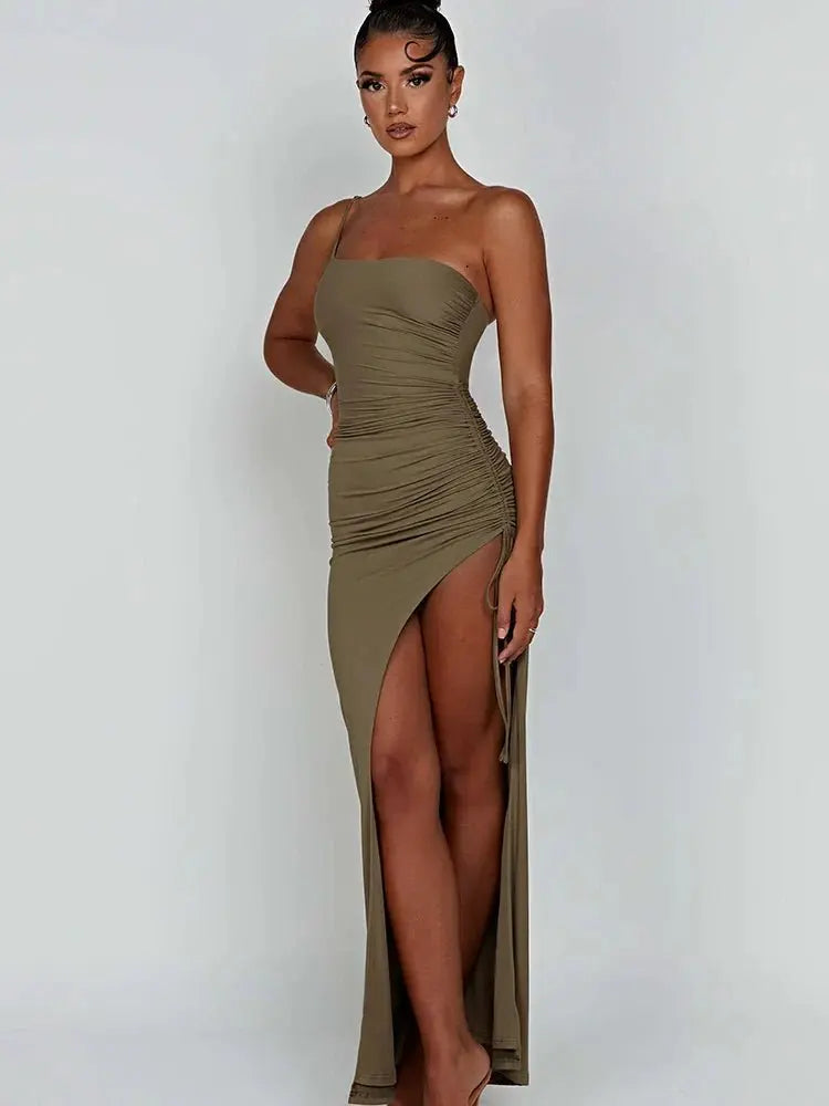 Drawstring High Slit Shoulder Slim Elastic Maxi Bodycon Dress - Blade & Thread