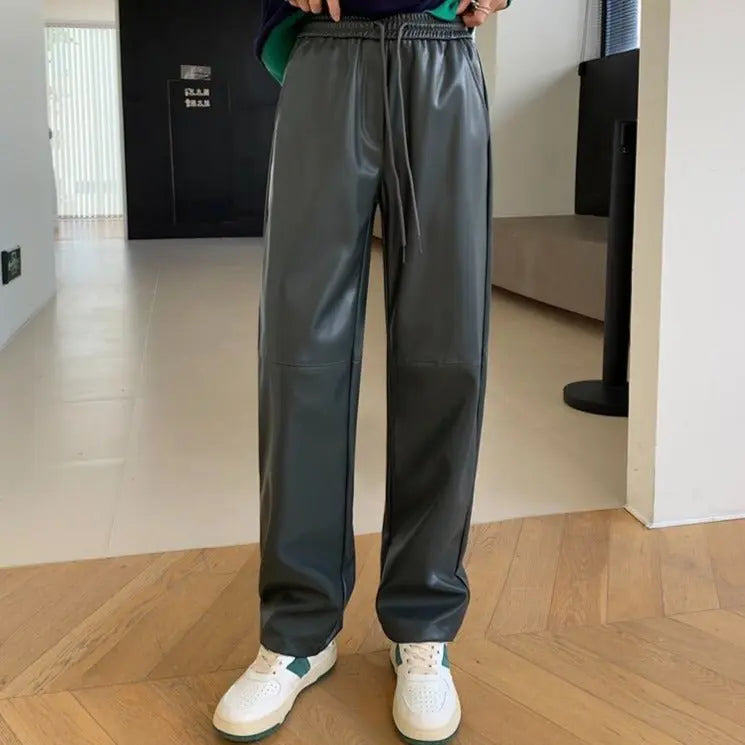 Drawstring PU Leather Trousers Women Elastic Waist Straight Faux Leather Pants - Blade & Thread